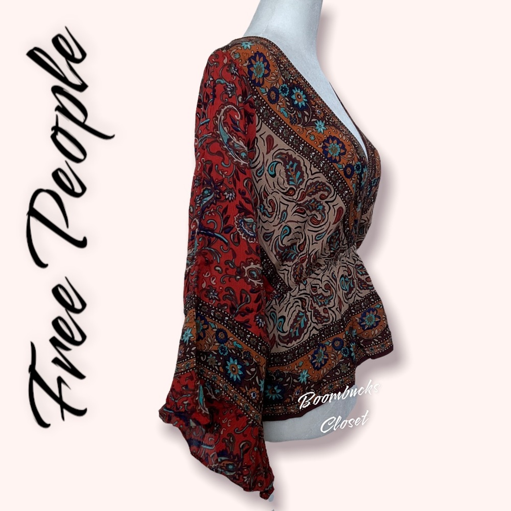 NWT Free People  Boho  Red Combo Wrap Top XS Bell Sleeves, Long Sleeves - Picture 6 of 13